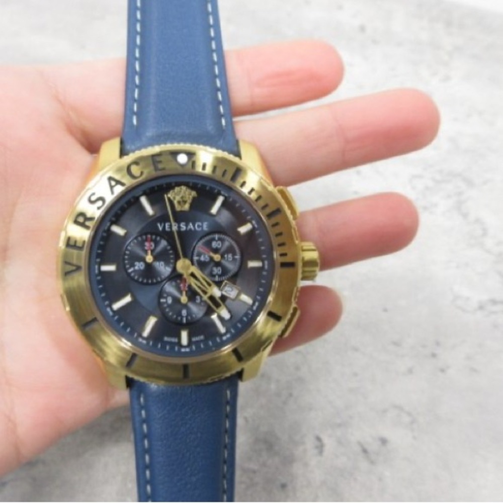 Versace Gold and Blue Leather Watch
